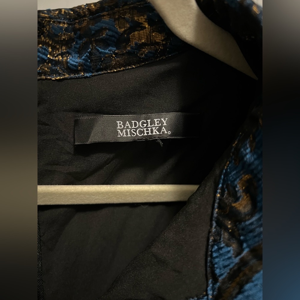 Badgley Mischka Metallic Brocade Jacquard Maxi Dress Blue Gold Puff Sleeve Dress - Picture 5 of 14